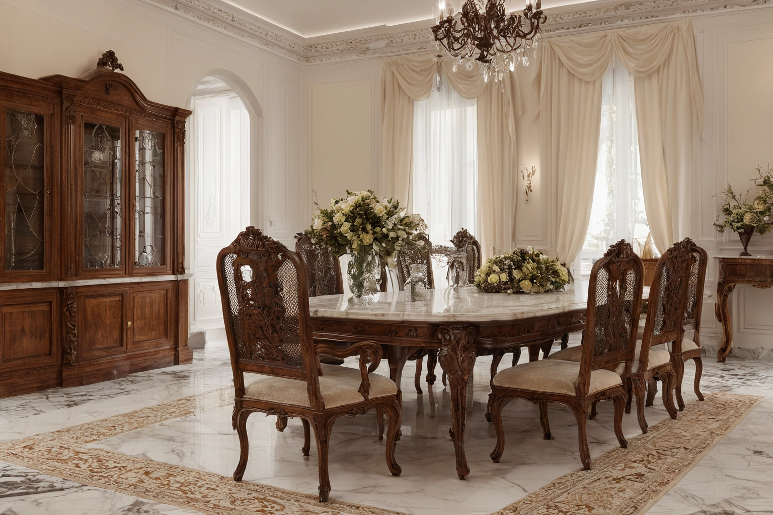 Italian home interior with classic walnut furniture and a dining set