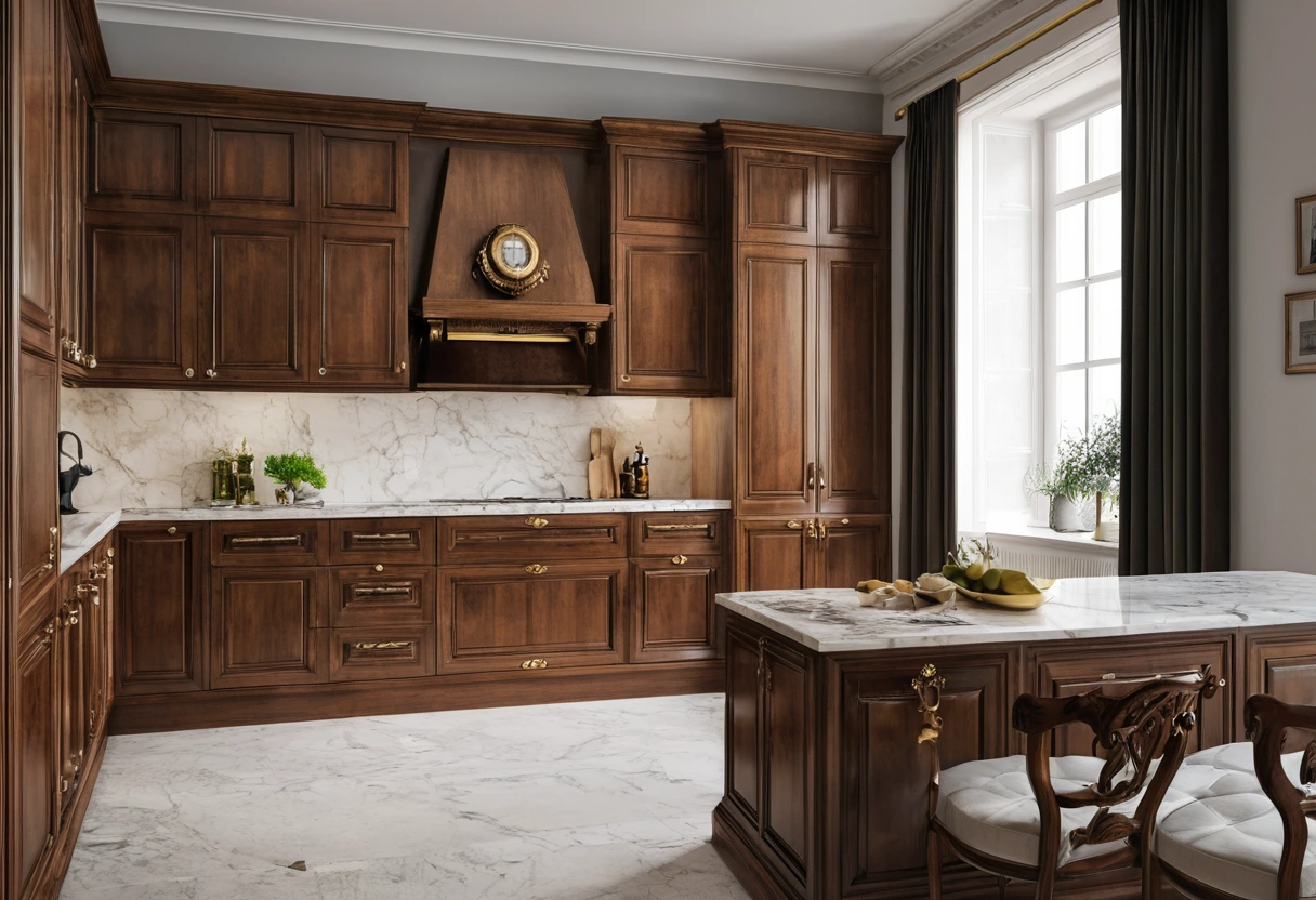 Classic Italian kitchen with walnut cabinets in a renovated home
