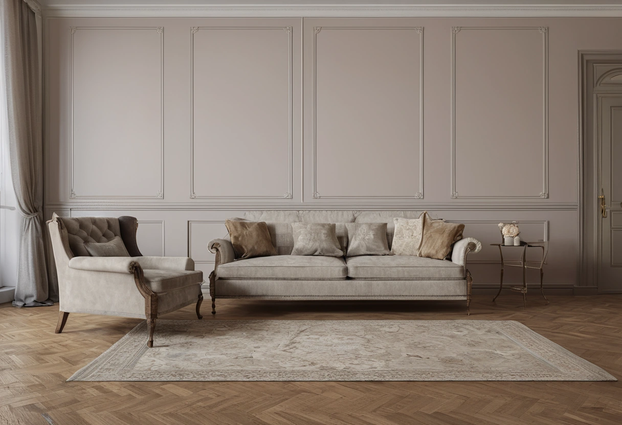 Renovated Italian living room with classic furniture, ladder and covered floor at the edge