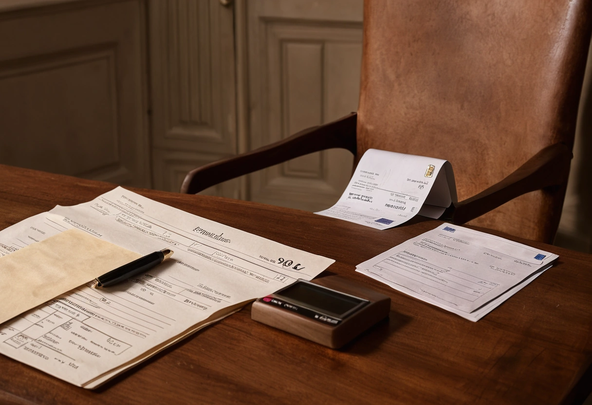 photorealistic still life of invoices and a bank card on a walnut desk beside a small carved chair model,