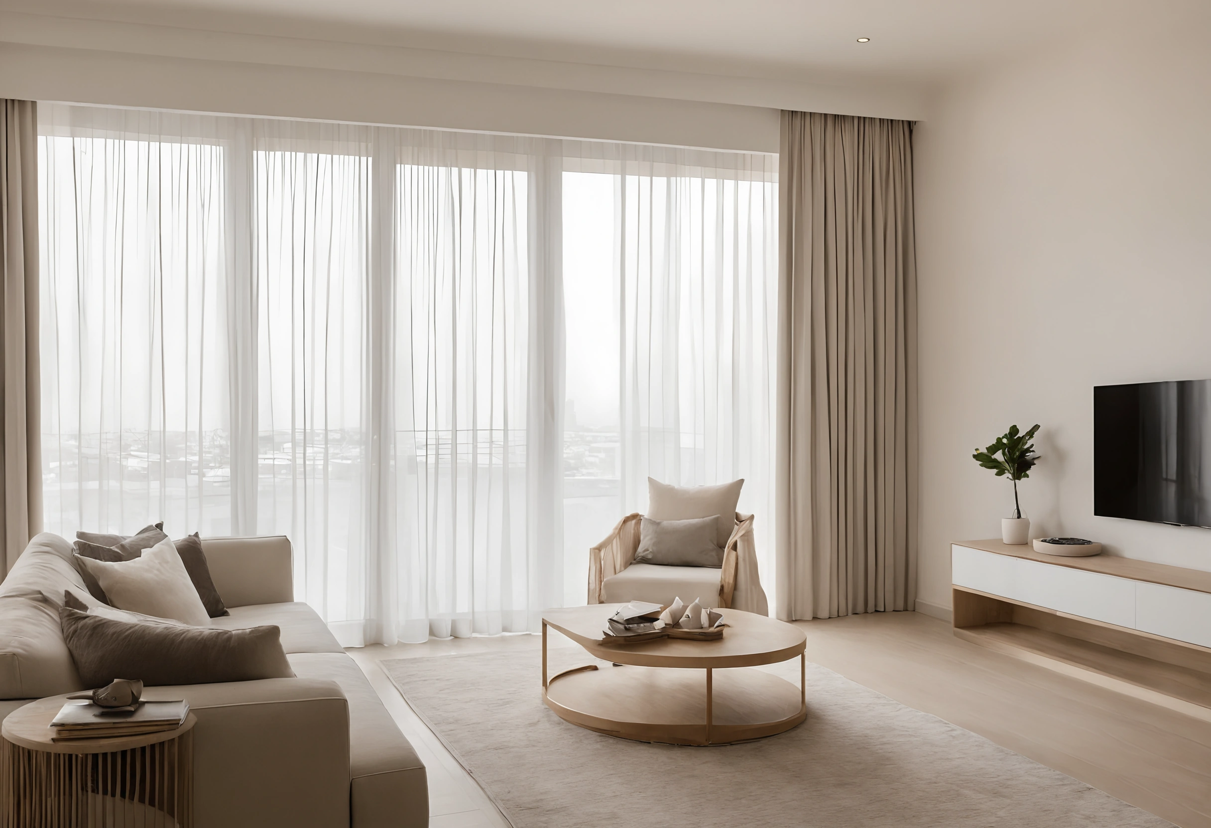 Compact high-rise apartment living room with a low white media unit, a sofa, a round coffee table and sheer curtains at full-height glass