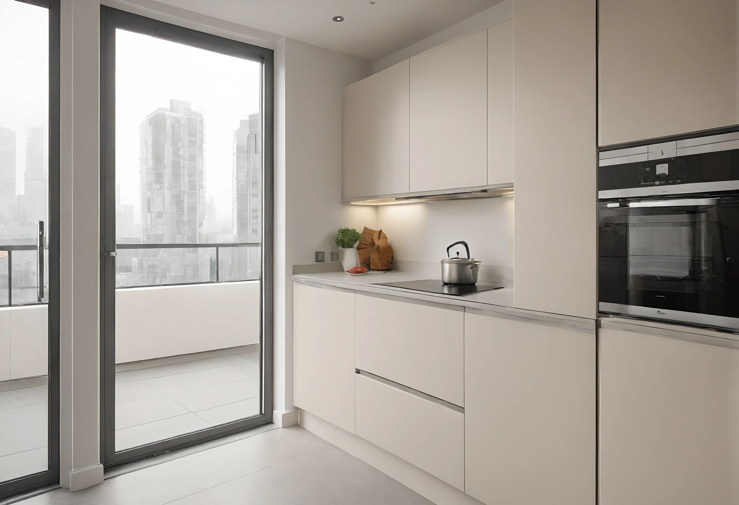 Compact apartment kitchen with flat cream handle-free fronts, tall units with built-in ovens and a glazed door to a balcony