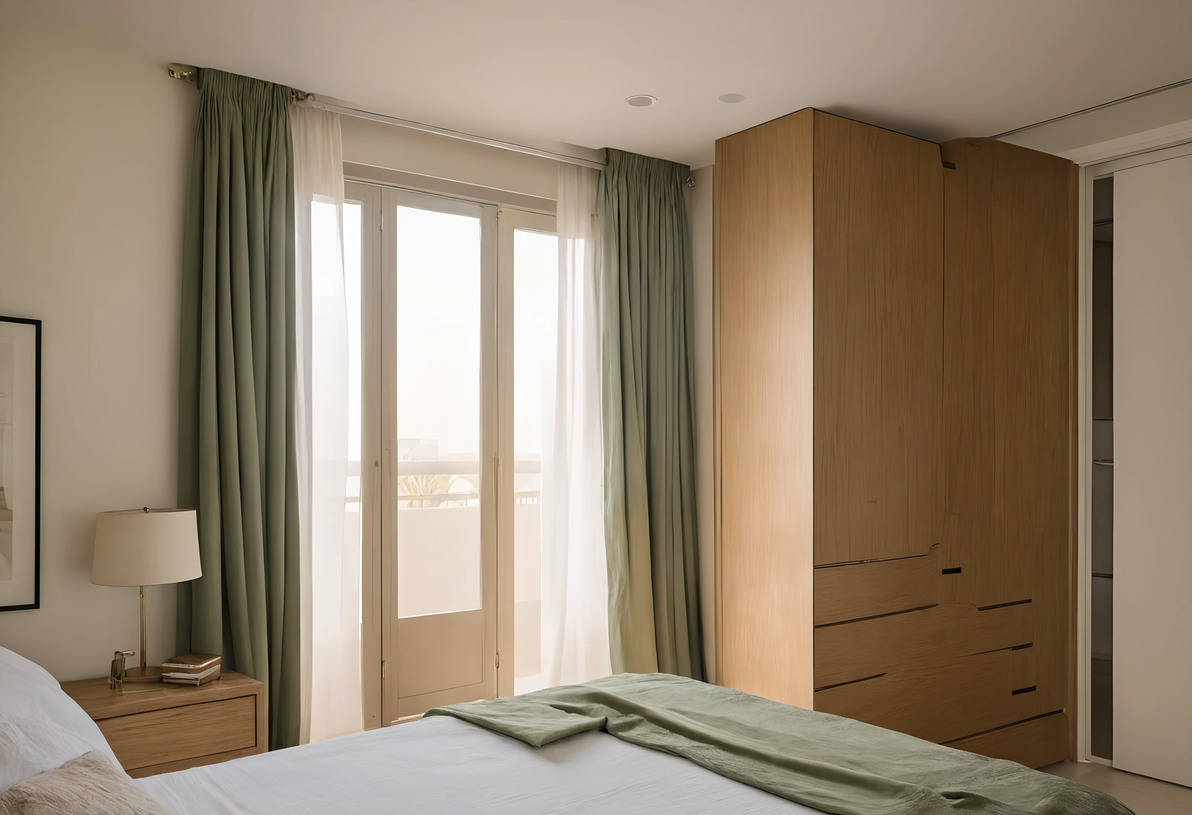 Apartment bedroom with a full-height oak wardrobe with finger-groove fronts beside sage green curtains