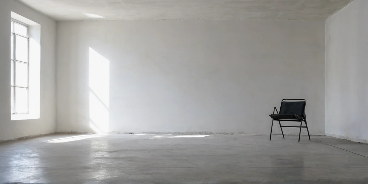 A long low storage run against a bare wall, clear floor in front of the run, one full height cupboard at the far end of the room.
