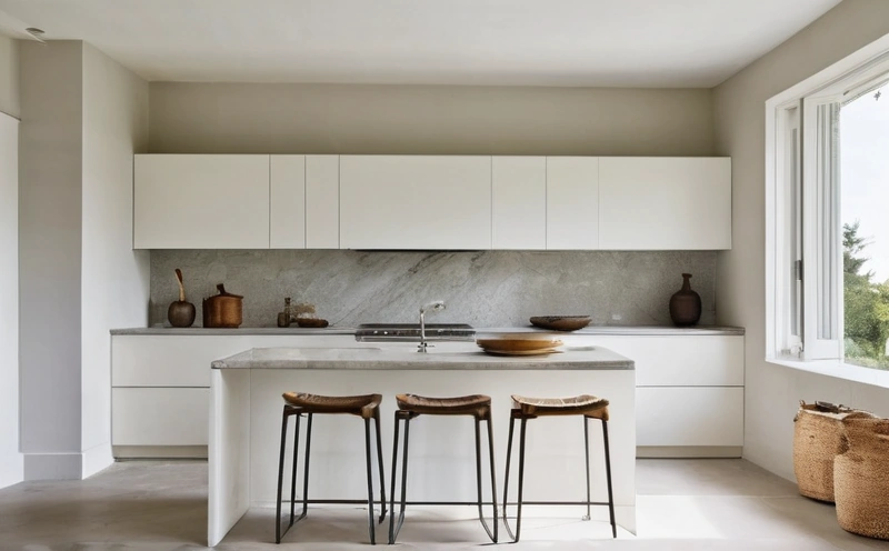 A kitchen worktop with a bare wall above and no upper cabinets, with a bank of full height units at one end of the run.