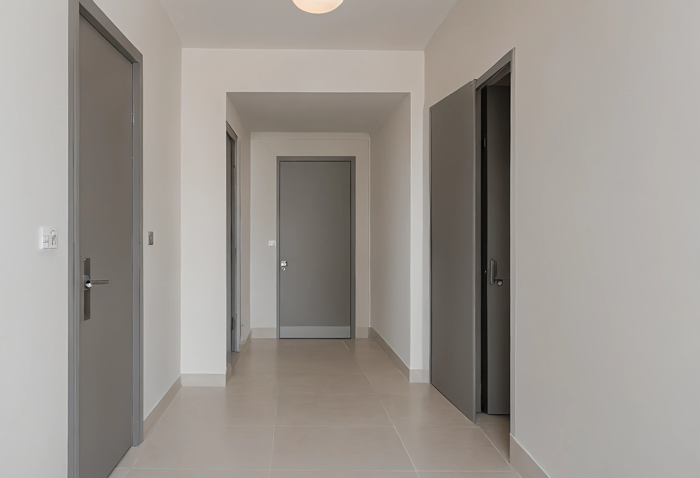 Narrow apartment hallway with grey doors on both sides and a clear pale tiled floor