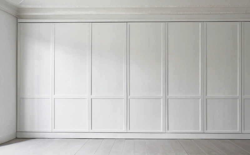 A run of handleless cabinet fronts with narrow shadow gaps between the doors and a horizontal recess across the middle of the run.